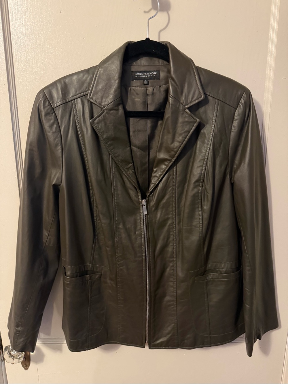 Vintage Jones New York Olive Green Leather Zip Jacket
